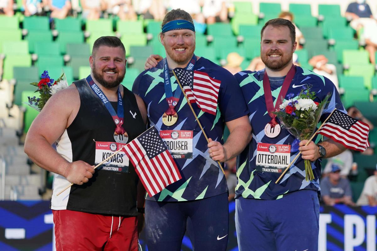 Penn State graduate Joe Kovacs (left) with fellow U.S. Olympic Team members Ryan Crouser (center) and Payton Otterdahl. (Kirby Lee, USA Today Sports)